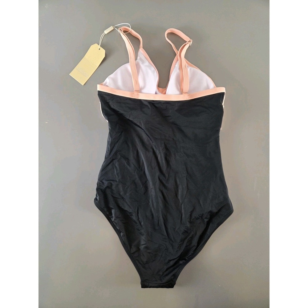 One Piece Swimsuit Sz Medium V Neck Criss Cross Keyhole Opening Peach Black - Picture 3 of 6